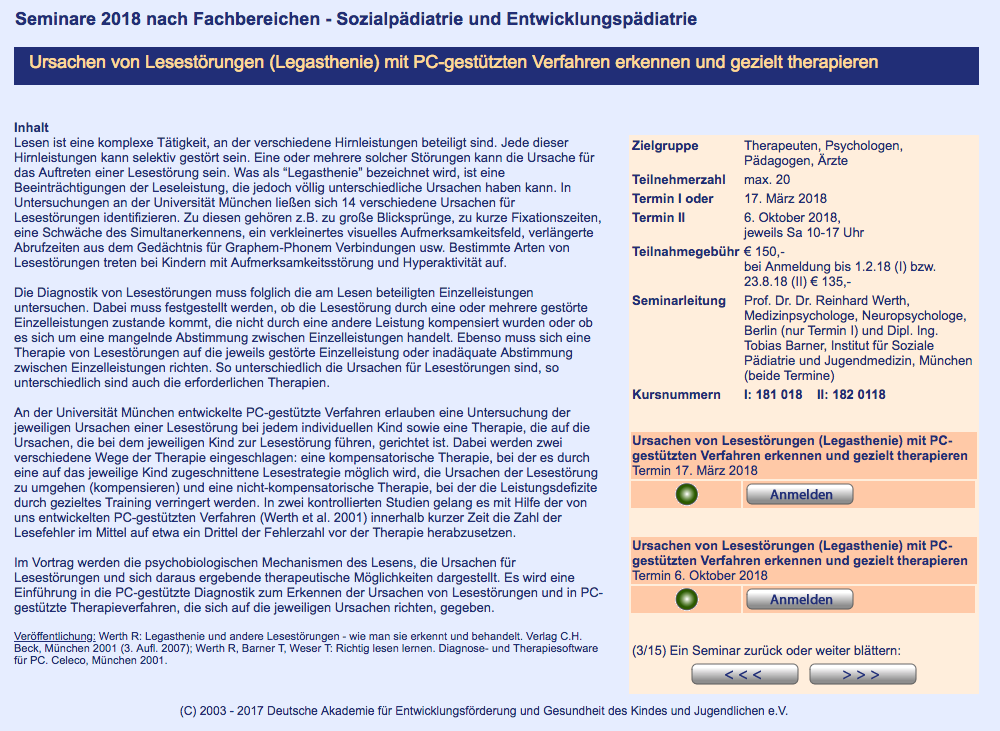 Fortbildung: Ursachen von Lesestörungen (Legasthenie) mit PC-gestützten Verfahren erkennen und gezielt therapieren